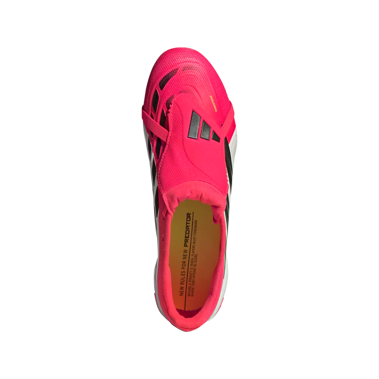 Top-down view of a bright pink Adidas Predator soccer cleat with a fold-over tongue and black accents, set against a black background.