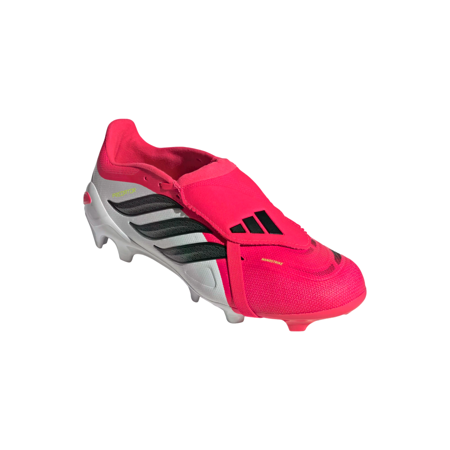 A vibrant pink and white Adidas Predator soccer cleat with black stripes and a fold-over tongue, isolated on a black background.