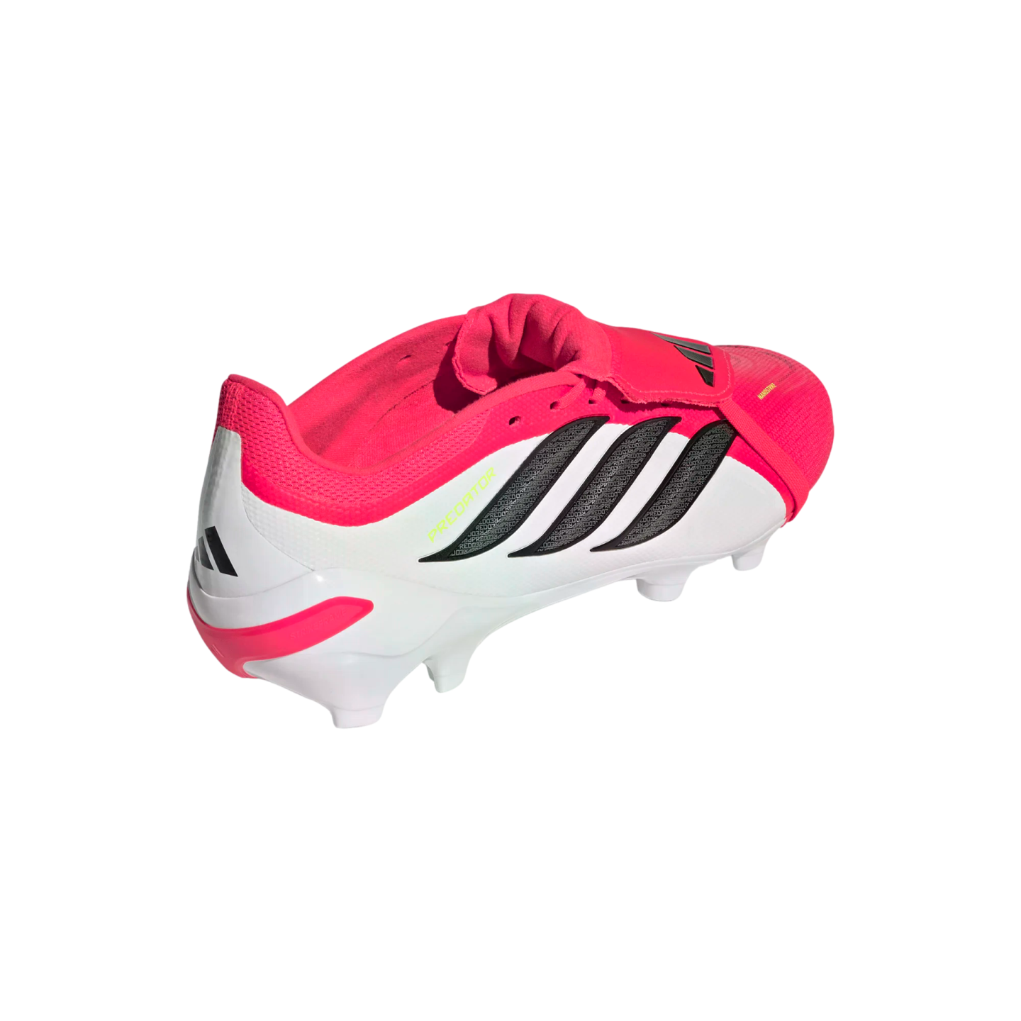 Adidas Predator soccer cleat in pink and white with black stripes, shown from a three-quarter rear view against a solid black background.