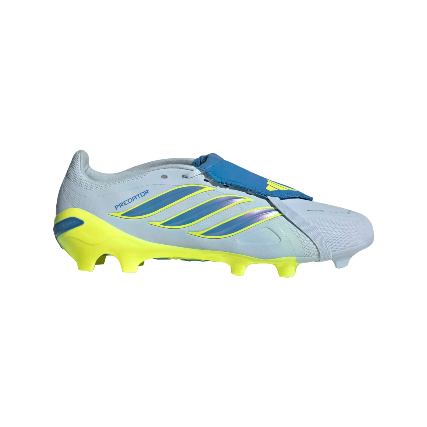 A side-profile view of an Adidas Predator soccer cleat against a black background, featuring a light blue upper, vibrant neon yellow sole, and three iridescent blue stripes with a blue fold-over tongue.