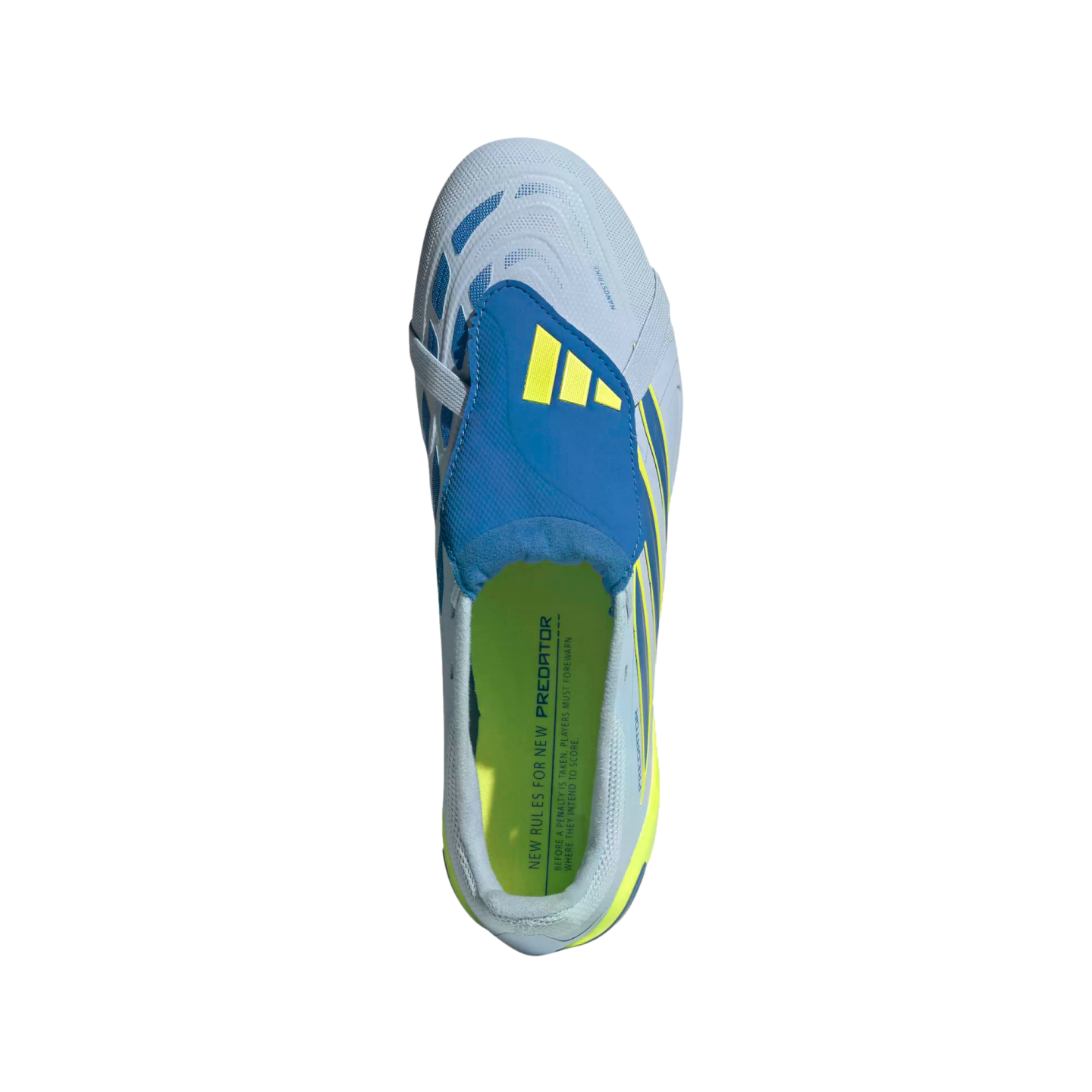 Top-down view of a light blue Adidas Predator soccer cleat with a blue fold-over tongue, yellow accents, and a lime green interior, isolated on a black background.