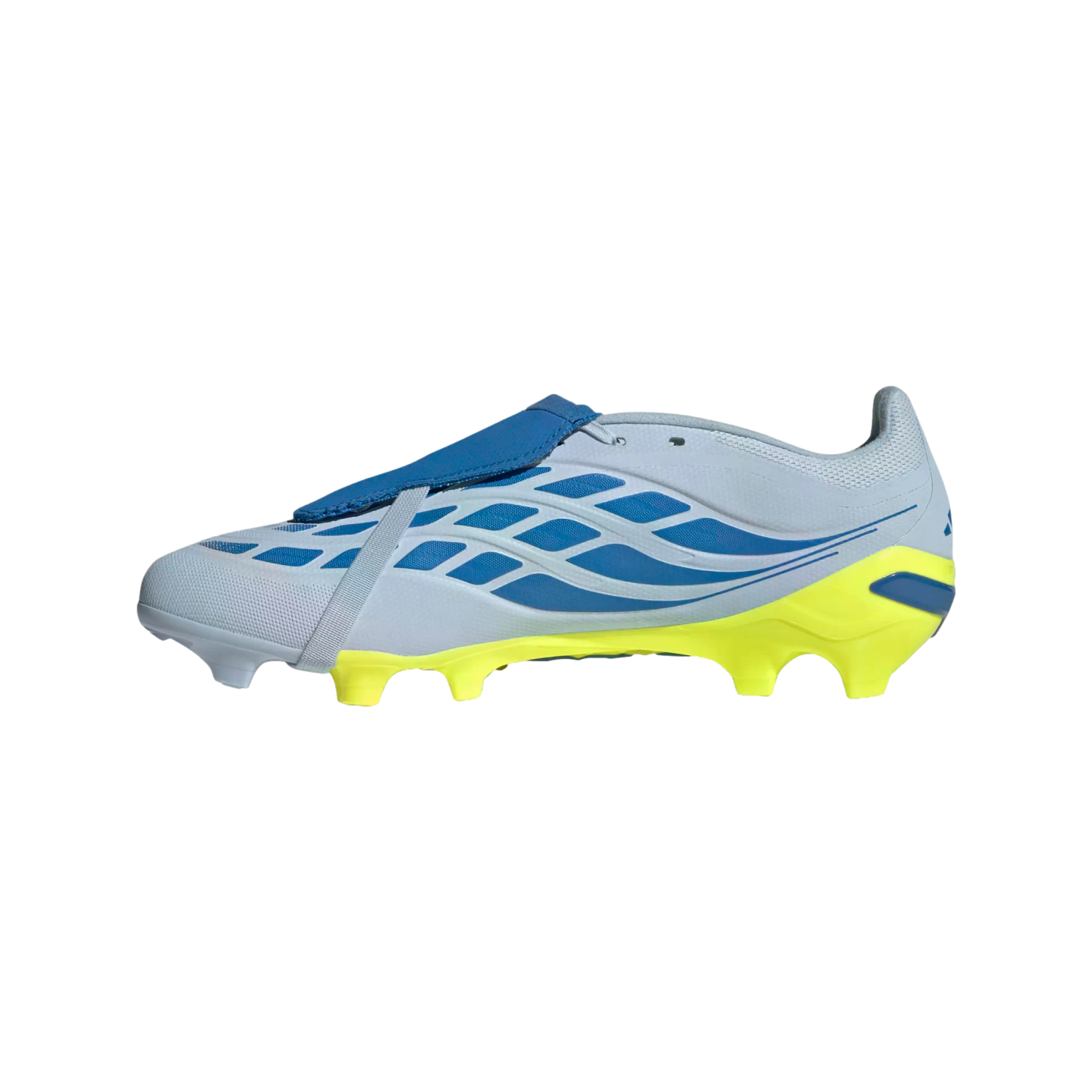 A side-profile view of a light grey Adidas soccer cleat with blue accents and a neon yellow sole, featuring a blue fold-over tongue and an elastic strap.