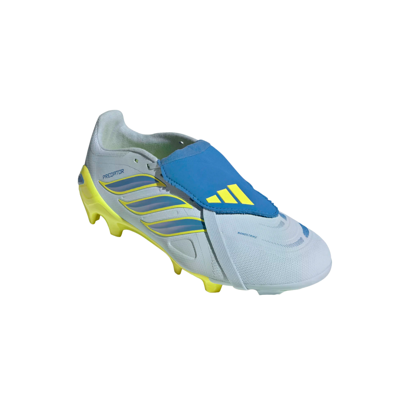 A side view of a light grey Adidas Predator soccer boot featuring a bright blue fold-over tongue with yellow stripes and a yellow sole plate, set against a black background.