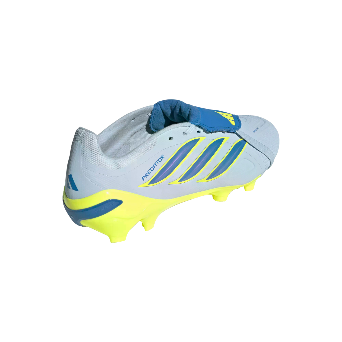 A rear-quarter view of a light blue and yellow Adidas Predator soccer cleat against a black background.