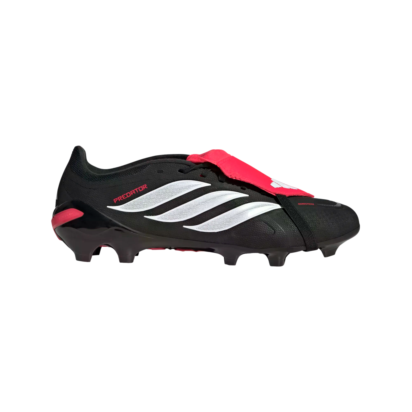 Profile view of an Adidas Predator soccer cleat in black, white, and red. Features a red fold-over tongue and three white diagonal stripes.