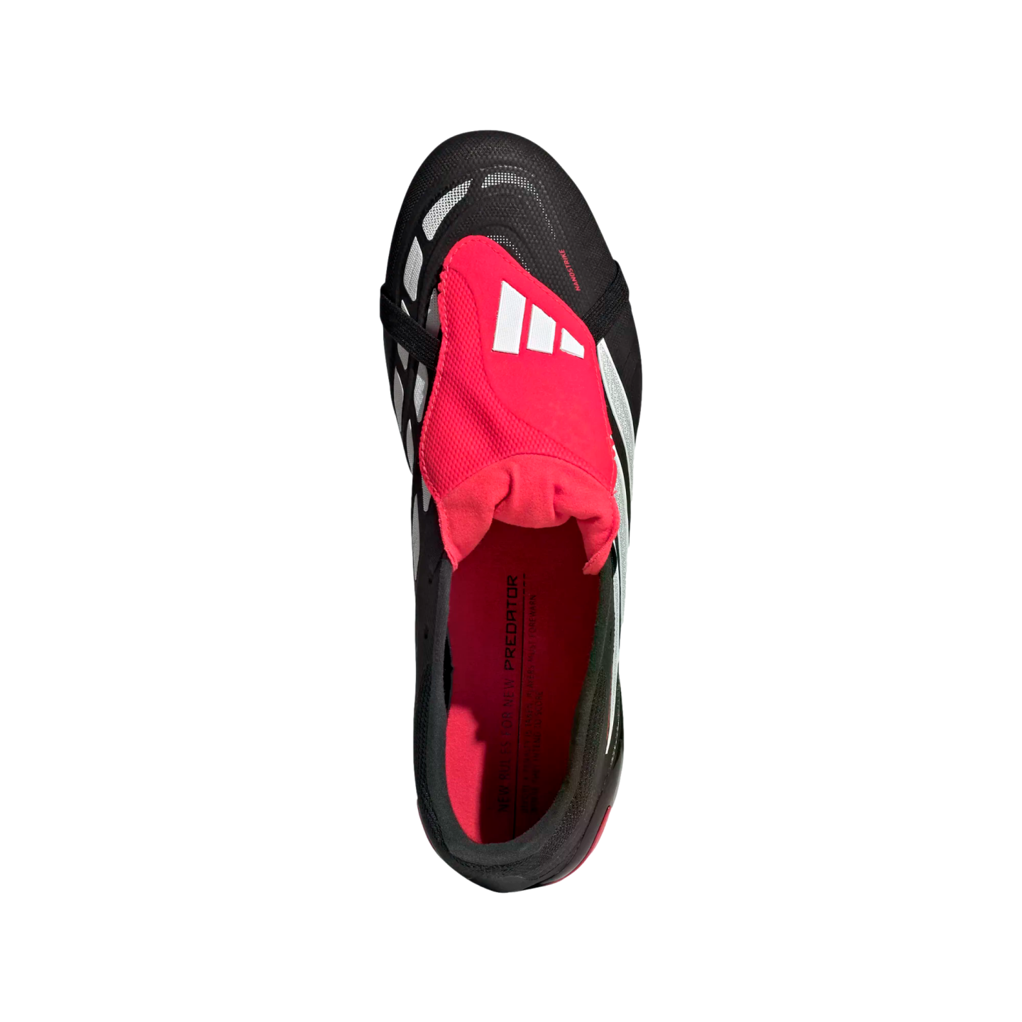 Top-down view of a black Adidas Predator soccer cleat featuring a vibrant pink fold-over tongue and interior.