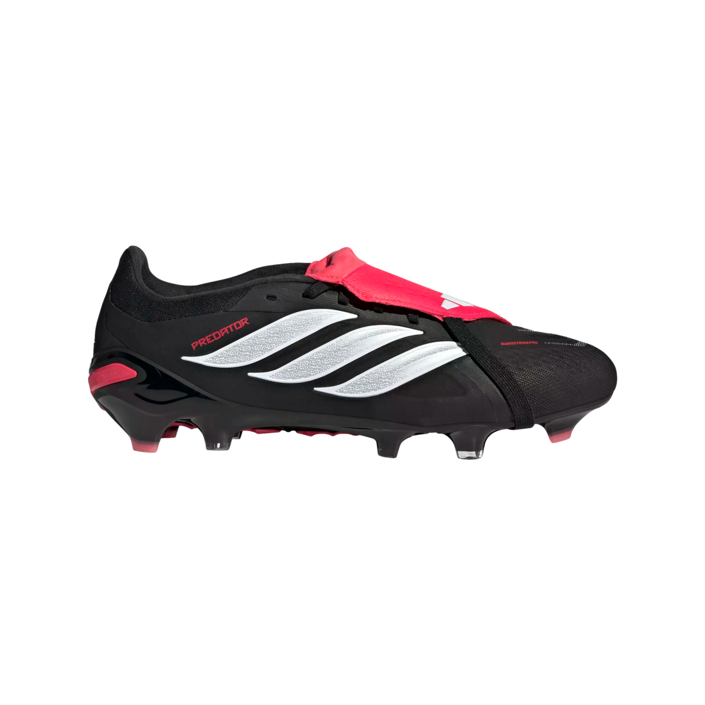 Side profile of a black Adidas Predator soccer cleat featuring white stripes and a red fold-over tongue with an elastic strap.