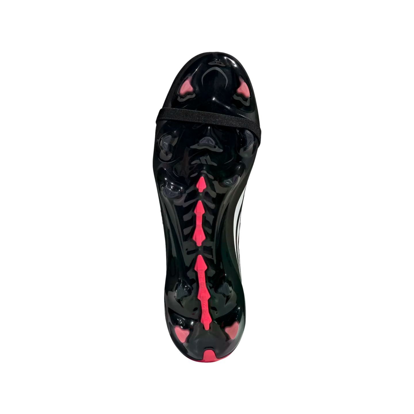 The glossy black outsole of a soccer cleat, featuring bright pink studs and a pink central spine design with a black elastic strap across the midfoot.