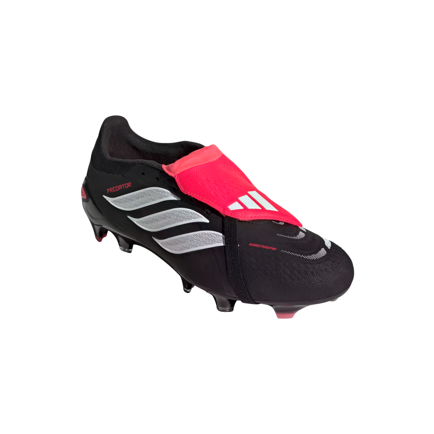 Black Adidas Predator soccer boot featuring white stripes and a bright pink fold-over tongue.