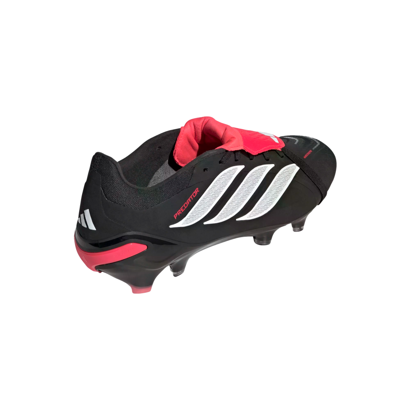 A black Adidas Predator soccer cleat featuring white stripes and red accents is shown from a rear-lateral angle on a black background.