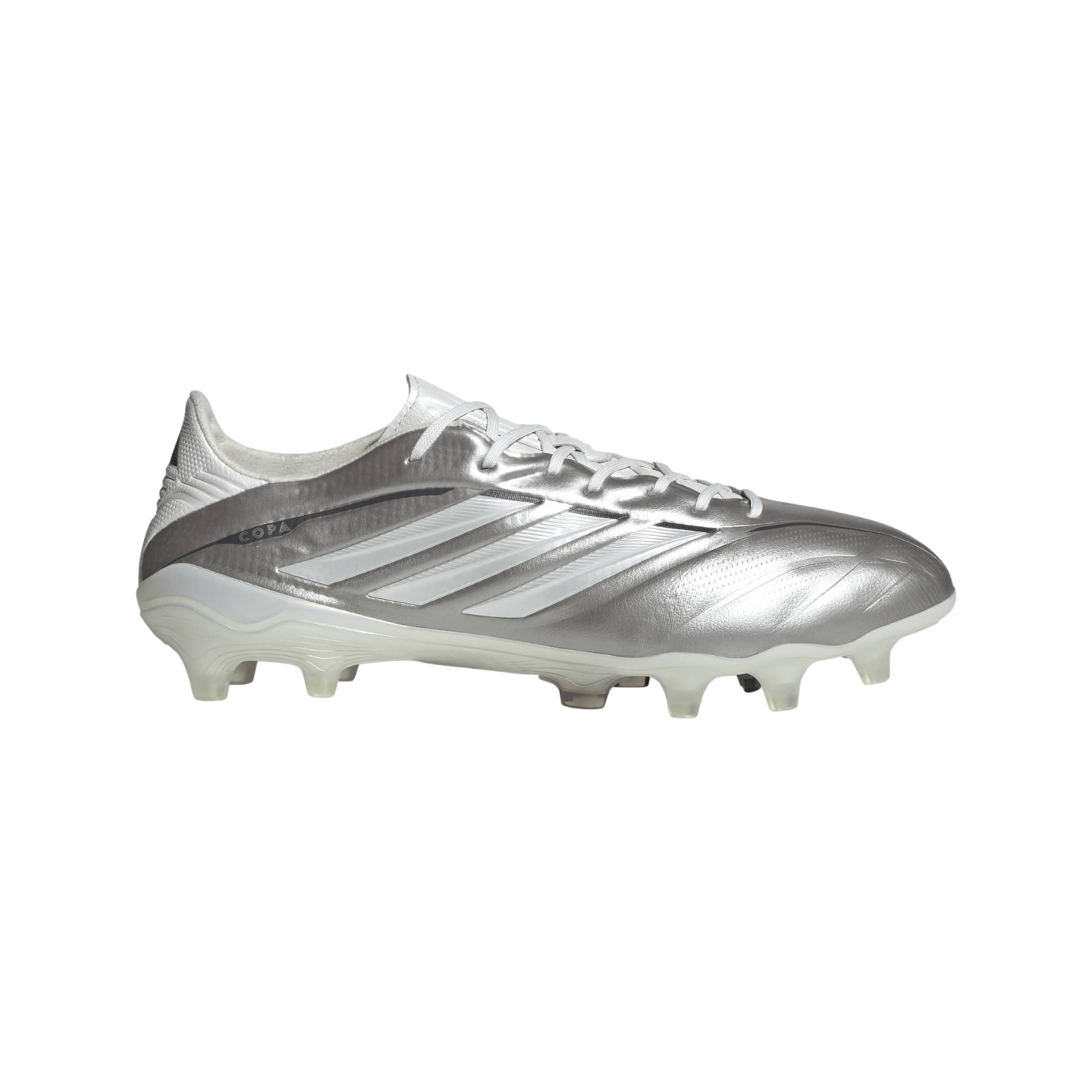 A side profile of a metallic silver Adidas Copa soccer cleat with white stripes and laces, set against a solid black background.