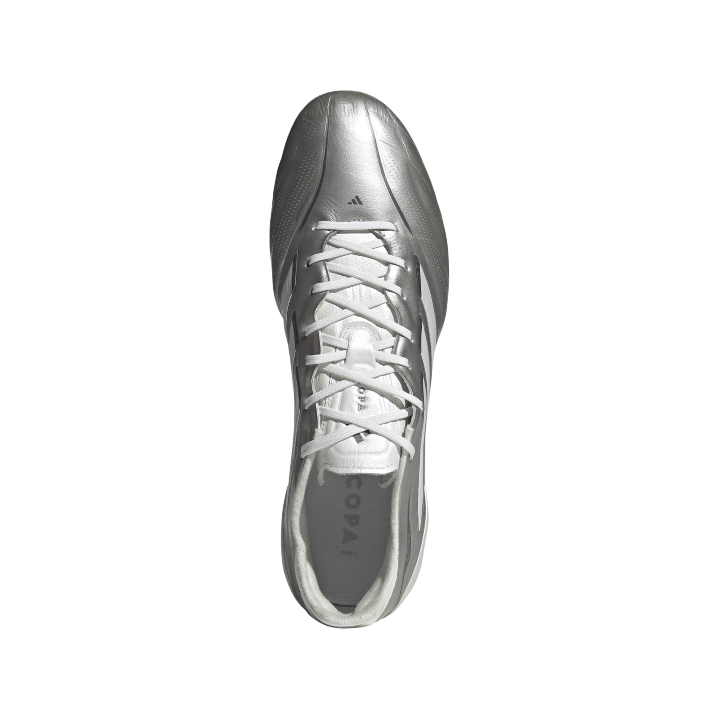 A top-down view of a metallic silver Adidas Copa soccer cleat with white laces, centered against a solid black background.