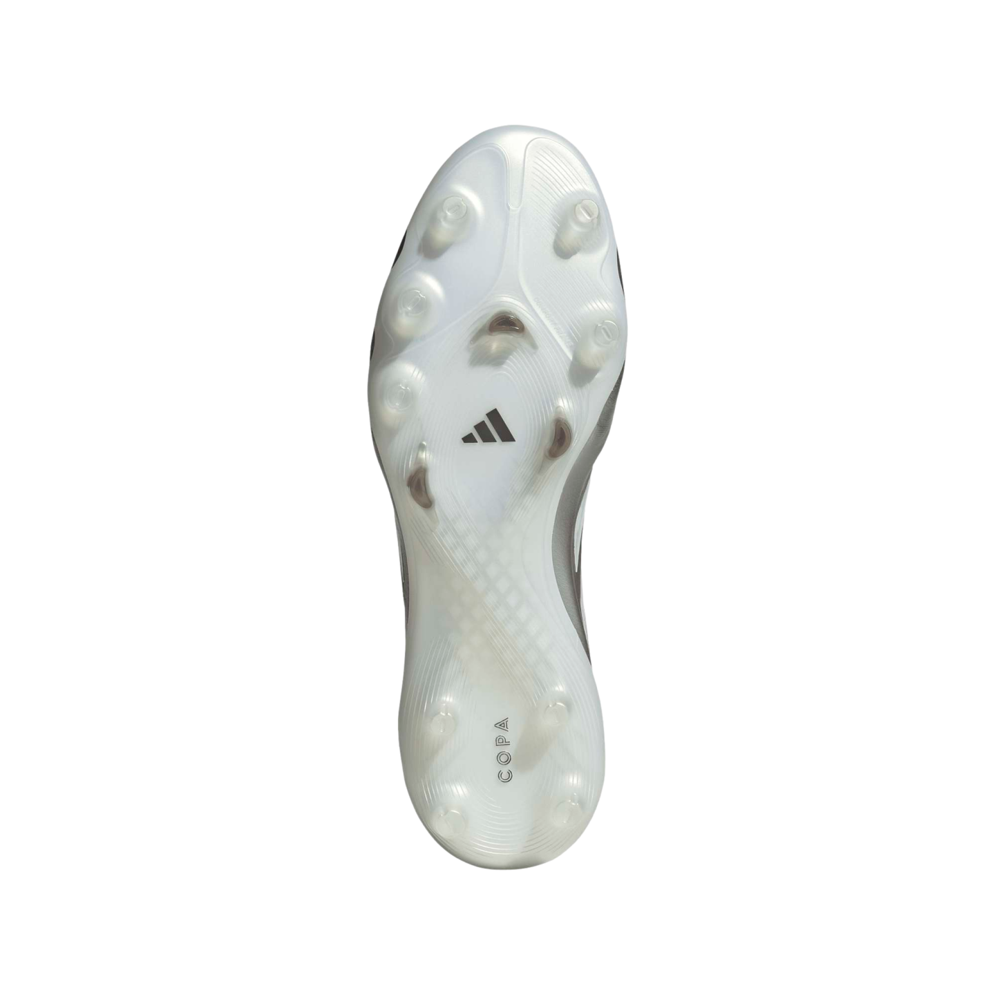 The white and translucent soleplate of an Adidas Copa soccer cleat against a black background, showing its traction studs, the Adidas logo in the center, and "COPA" branding at the heel.