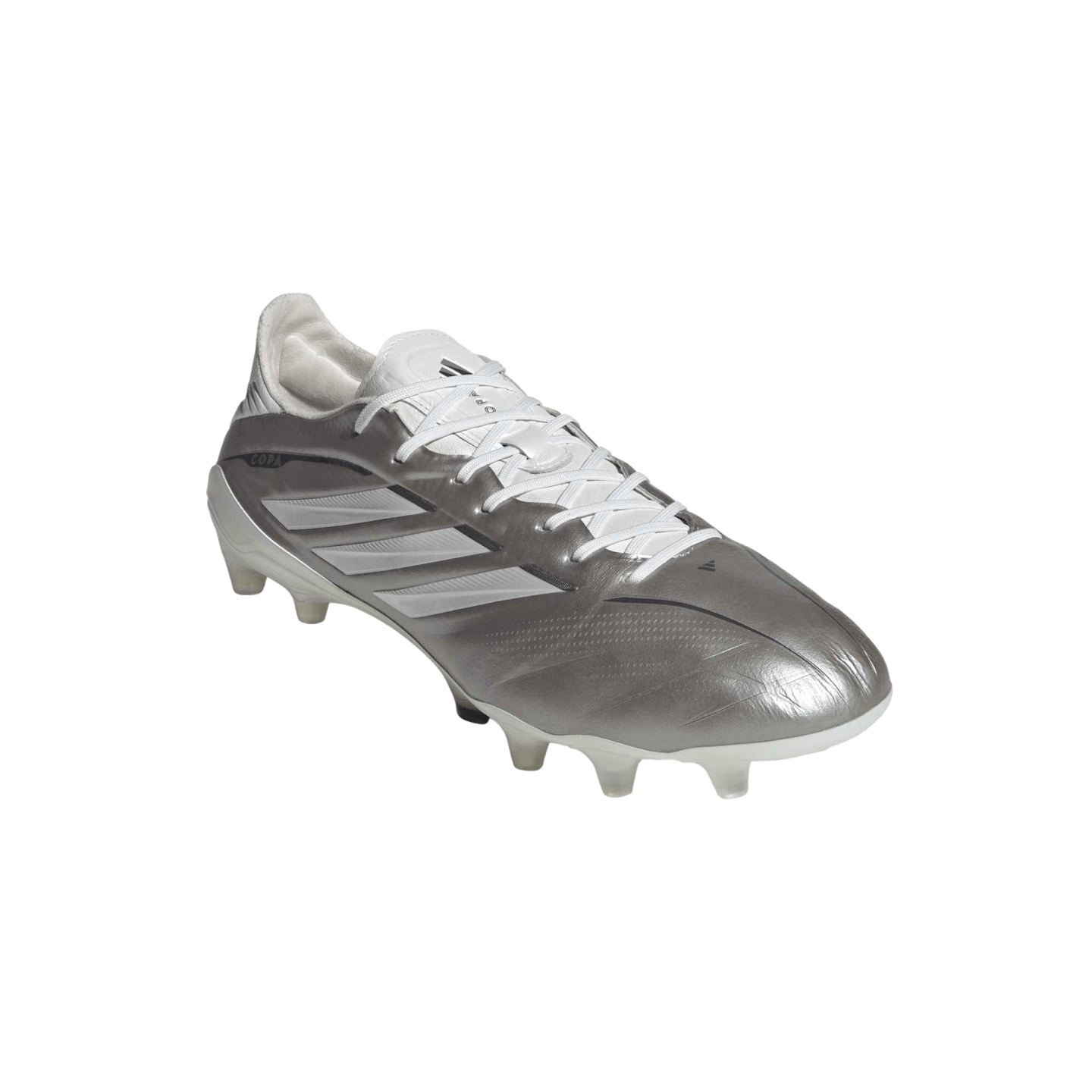A metallic silver Adidas Copa soccer cleat with white laces and three stripes, shown from a side angle against a solid black background.