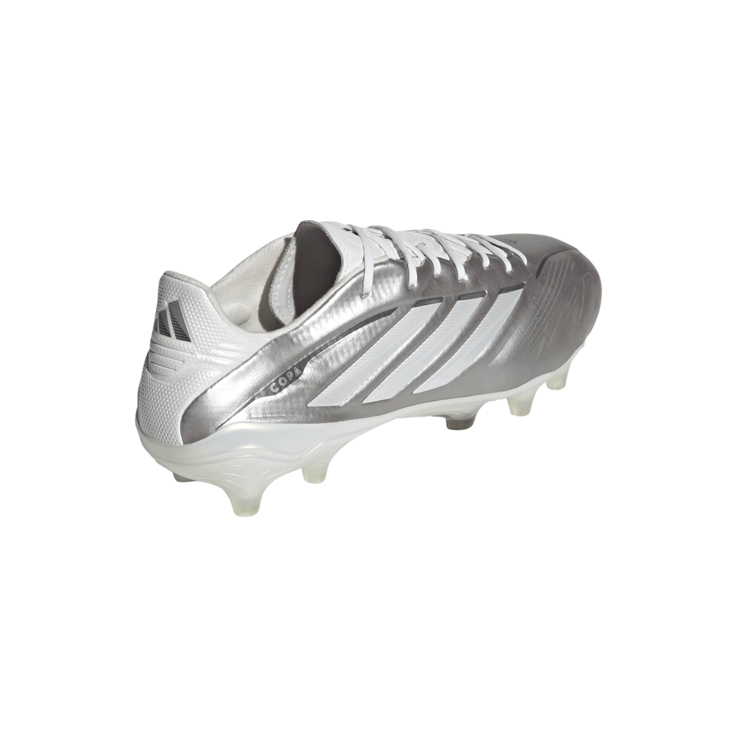 A rear three-quarter view of a metallic silver and white Adidas Copa soccer cleat with white laces and clear studs against a solid black background.
