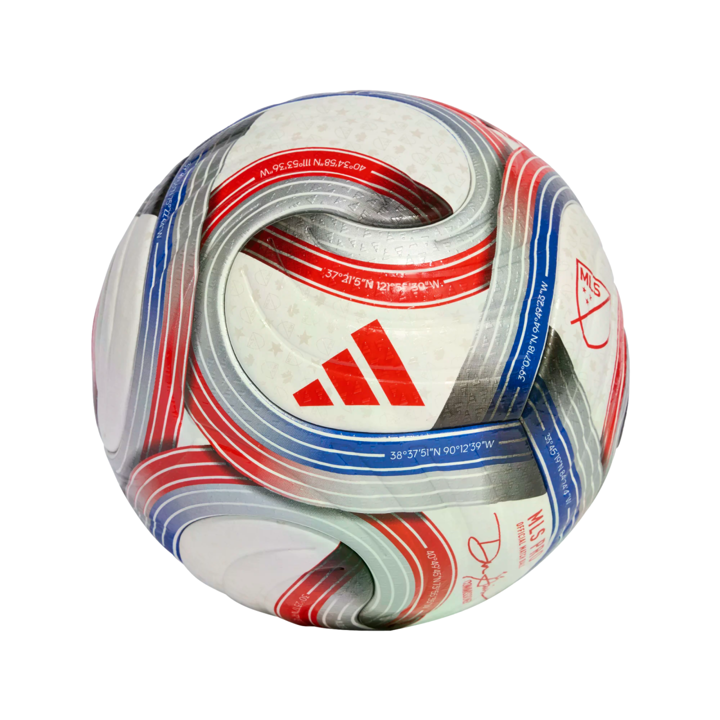 White adidas MLS soccer ball featuring red and blue swirling ribbon patterns and printed geographic coordinates.