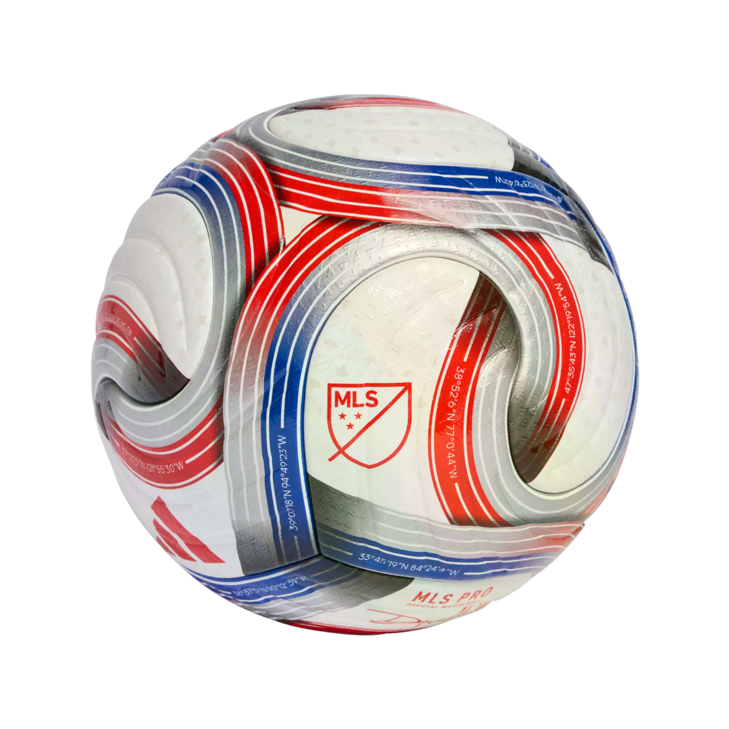 An Adidas MLS Pro official match soccer ball featuring white, red, blue, and silver graphic patterns and coordinates, centered on a black background.
