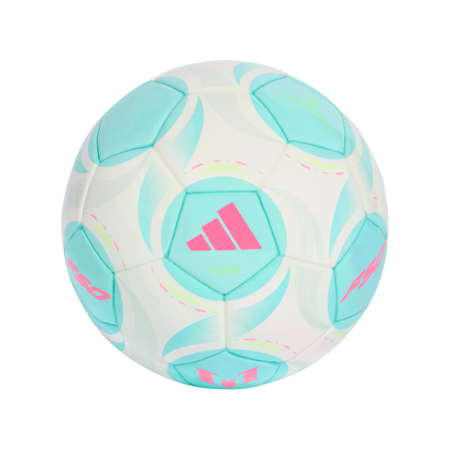 White, teal, and pink Adidas soccer ball with Messi and F50 branding, centered on a black background.