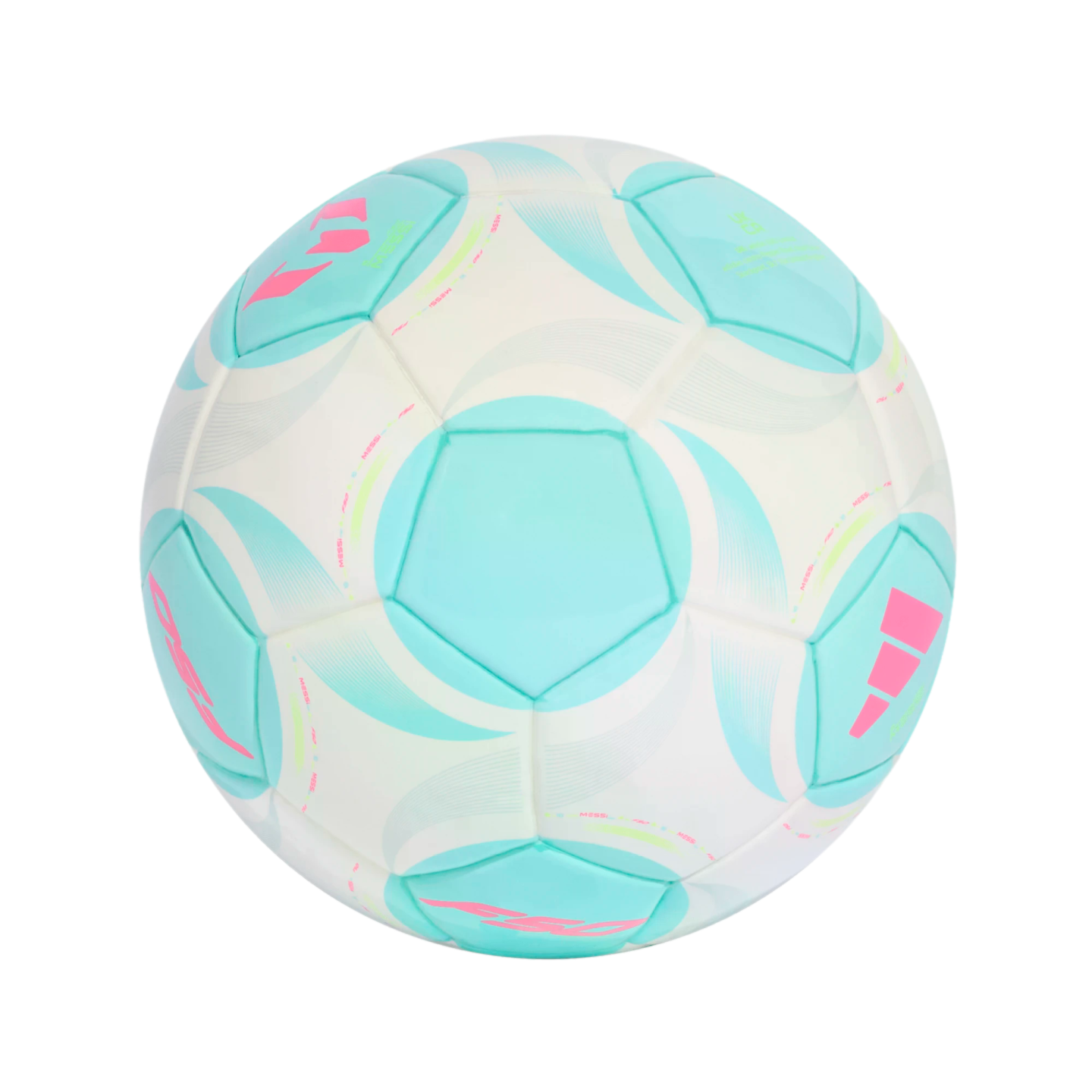 A white soccer ball featuring light blue geometric patterns and vibrant pink accents, including the Adidas logo and F50 branding.