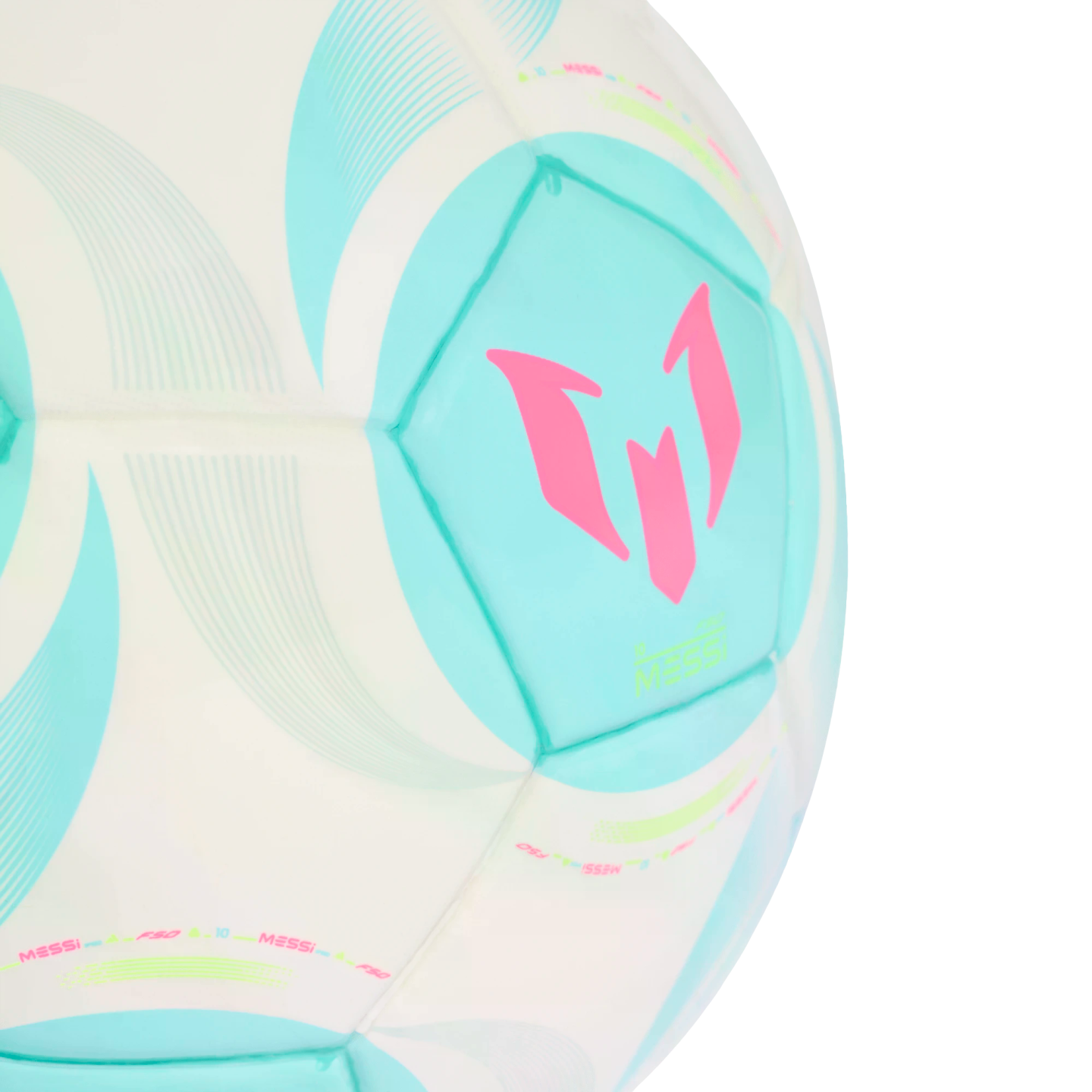Close-up shot of a white and turquoise soccer ball featuring a bright pink Lionel Messi logo and lime green text accents.