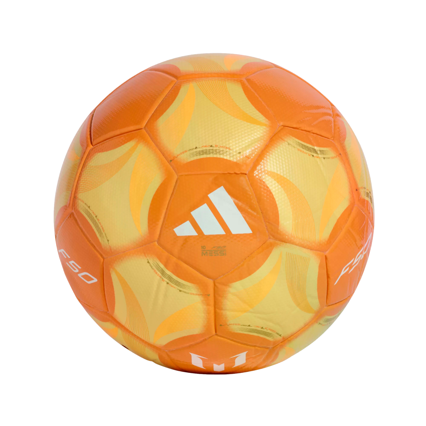 An orange and yellow Adidas soccer ball featuring a white Adidas logo in the center, with "F50" and "MESSI" branding.