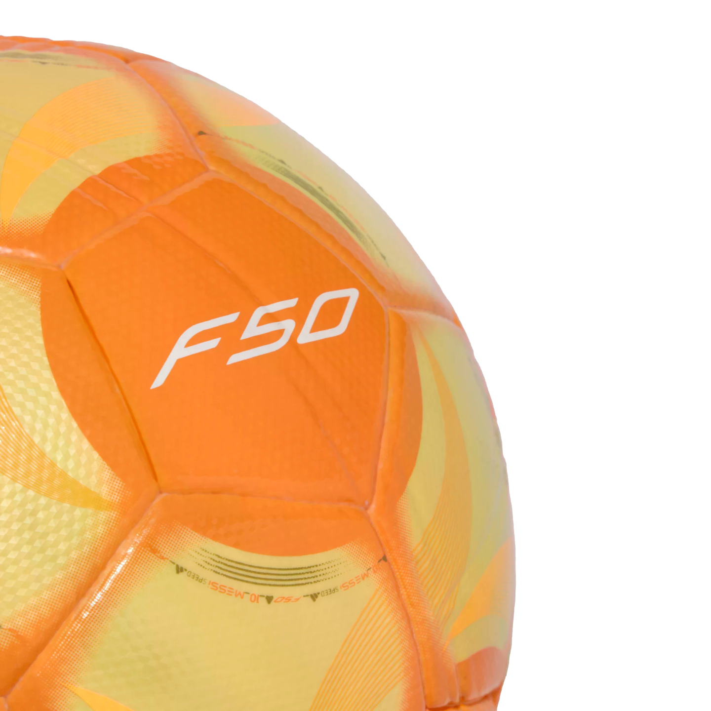 A close-up of a vibrant orange and yellow soccer ball featuring a white "F50" logo on its textured surface, isolated against a solid black background.