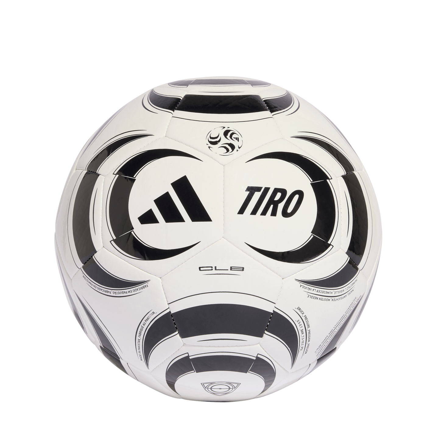 A studio shot of a white Adidas Tiro soccer ball featuring bold black graphic designs, centered against a solid black background. The ball displays the Adidas three-stripe logo and the word "TIRO" in black on its front panels.