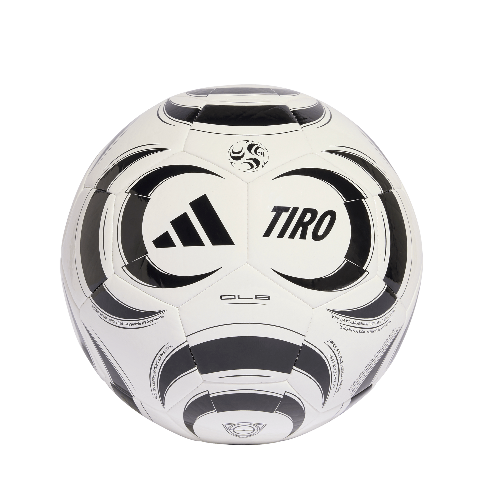 A studio shot of a white Adidas Tiro soccer ball featuring bold black graphic designs, centered against a solid black background. The ball displays the Adidas three-stripe logo and the word "TIRO" in black on its front panels.