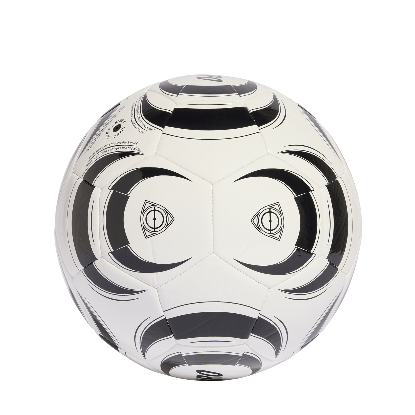A size 5 soccer ball with a unique black and white graphic design, centered against a solid black background.