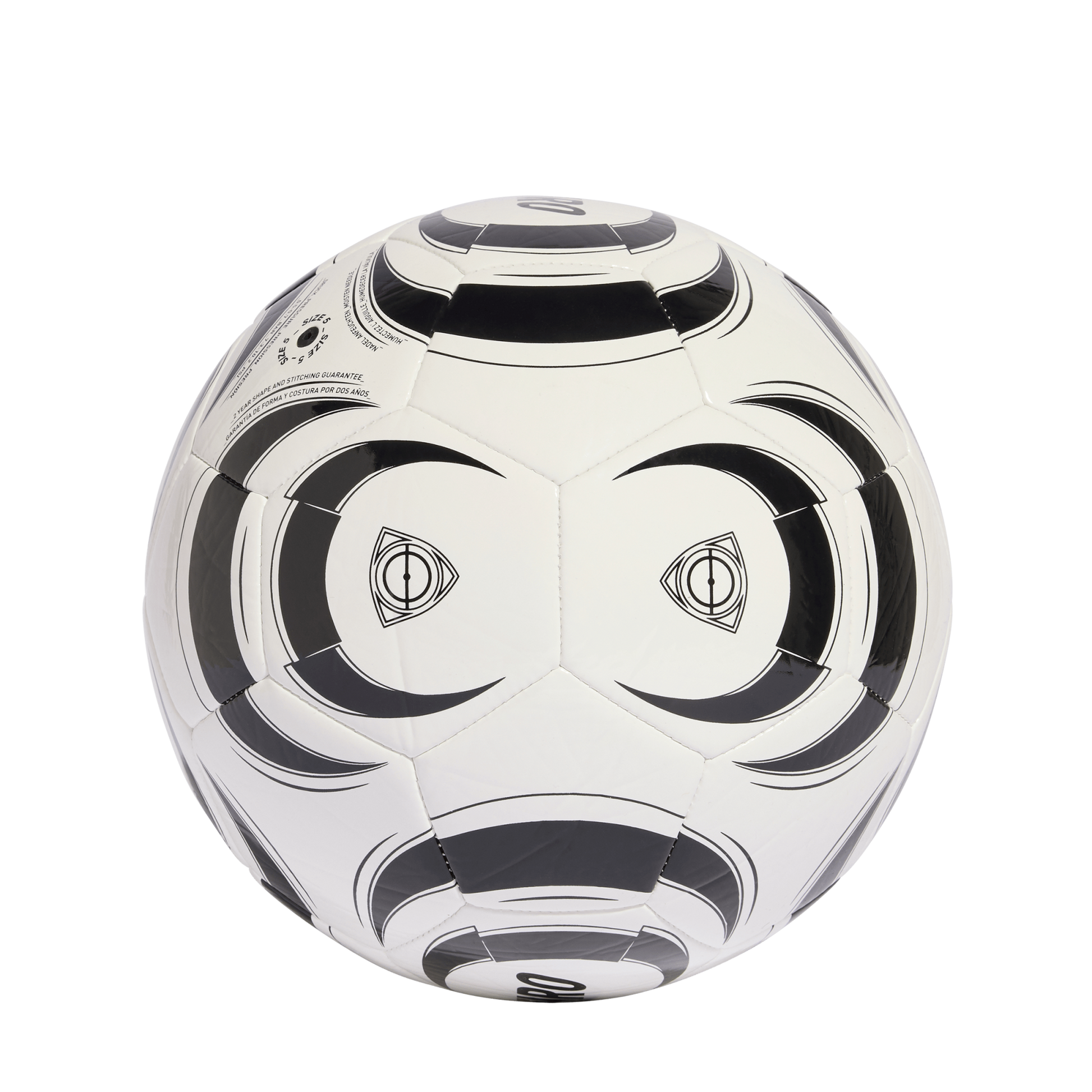 A size 5 soccer ball with a unique black and white graphic design, centered against a solid black background.