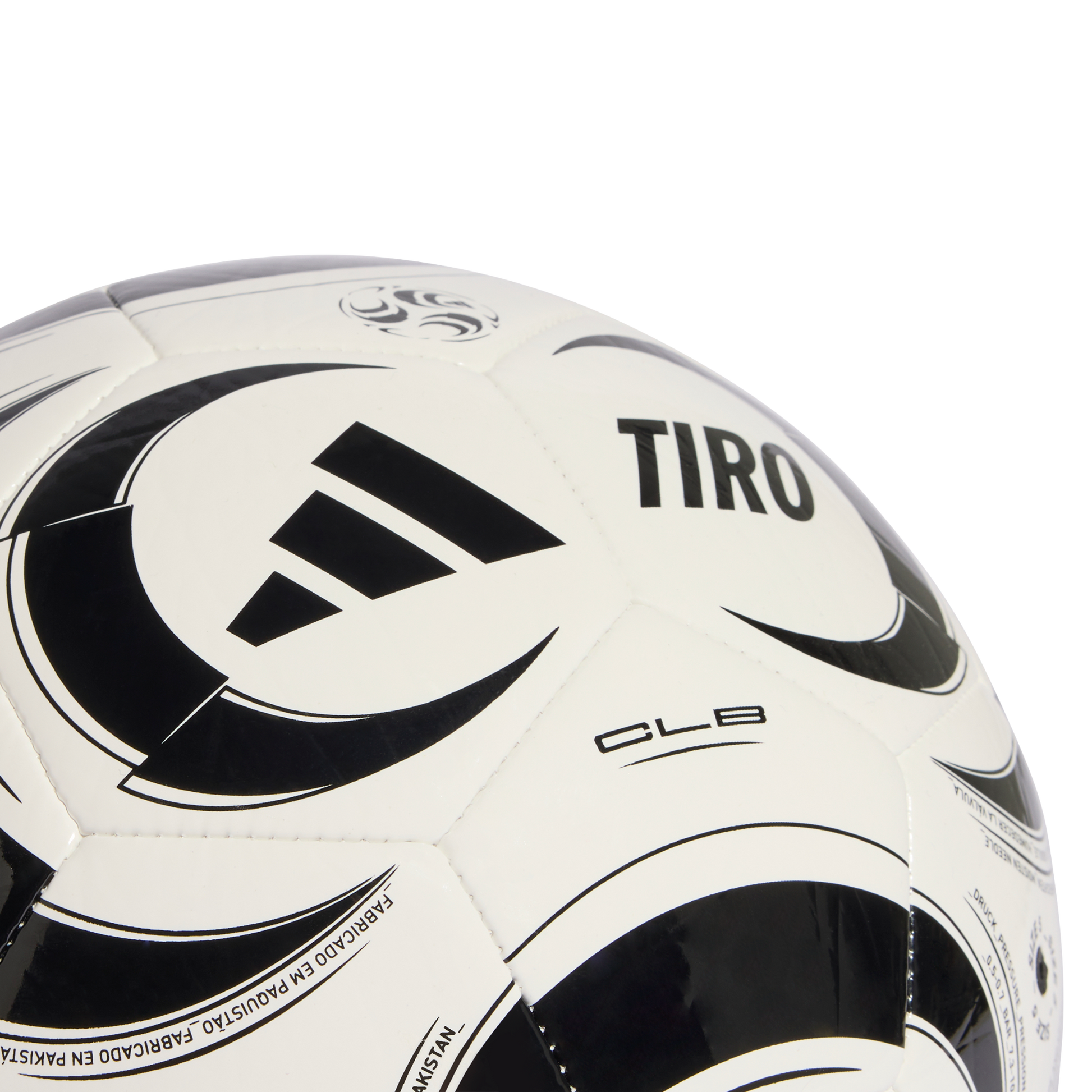 A close-up shot of a white and black Adidas Tiro CLB soccer ball against a solid black background.