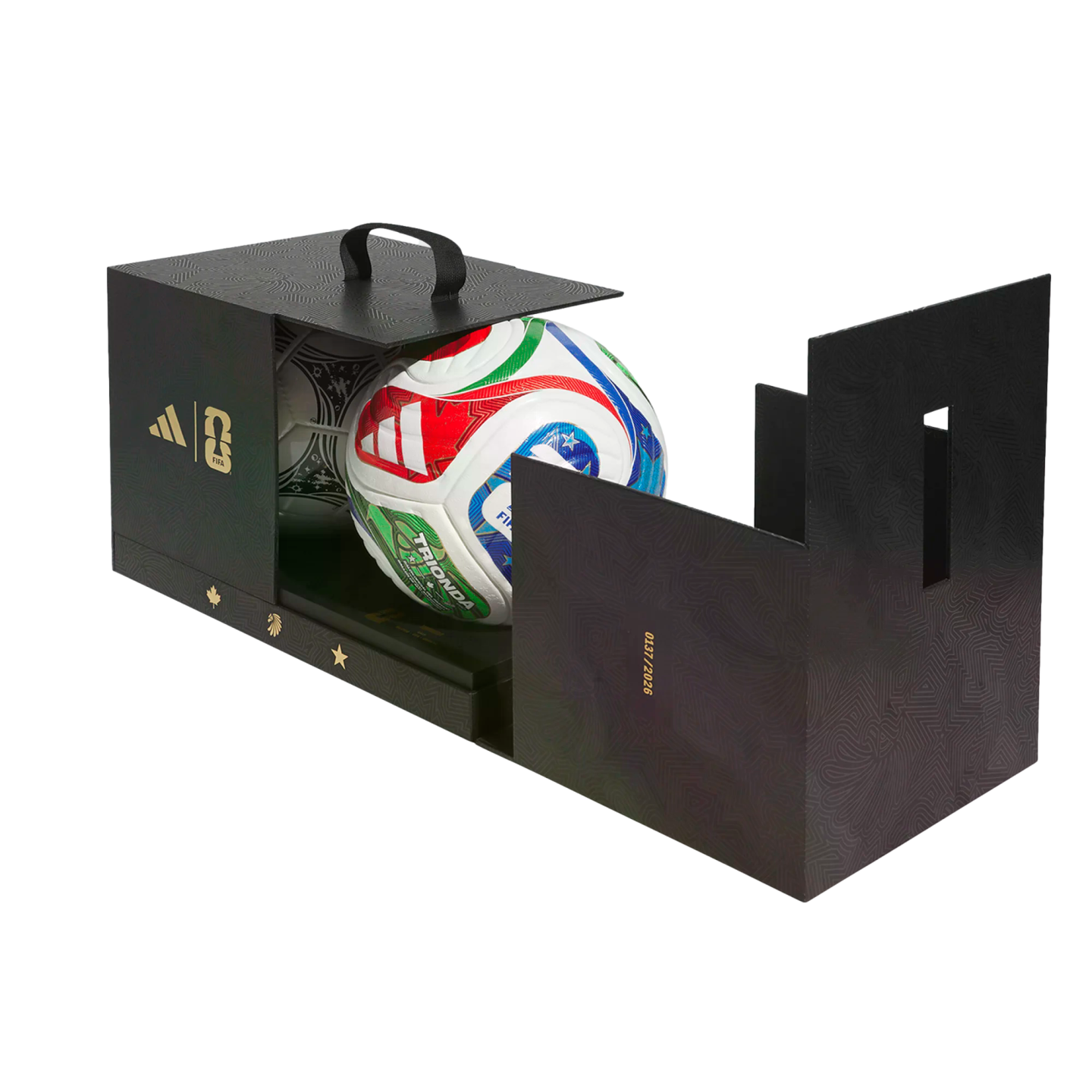 Adidas FIFA World Cup 26 TRI-ONDA soccer ball displayed in a premium black carrying box with gold logos and edition numbering.