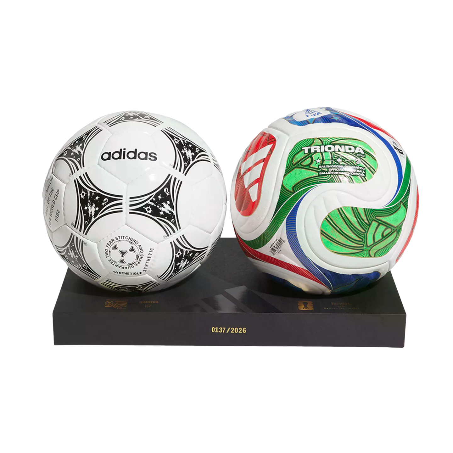 Two soccer balls on a black stand: a classic white Adidas Questra on the left and a colorful, modern Trionda on the right. The stand features the number 0137/2026.