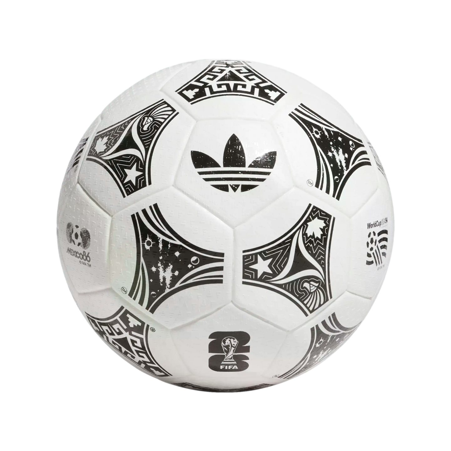 White Adidas soccer ball featuring black panels with historical World Cup logos, such as Mexico 86 and USA 94, and various symbolic patterns.