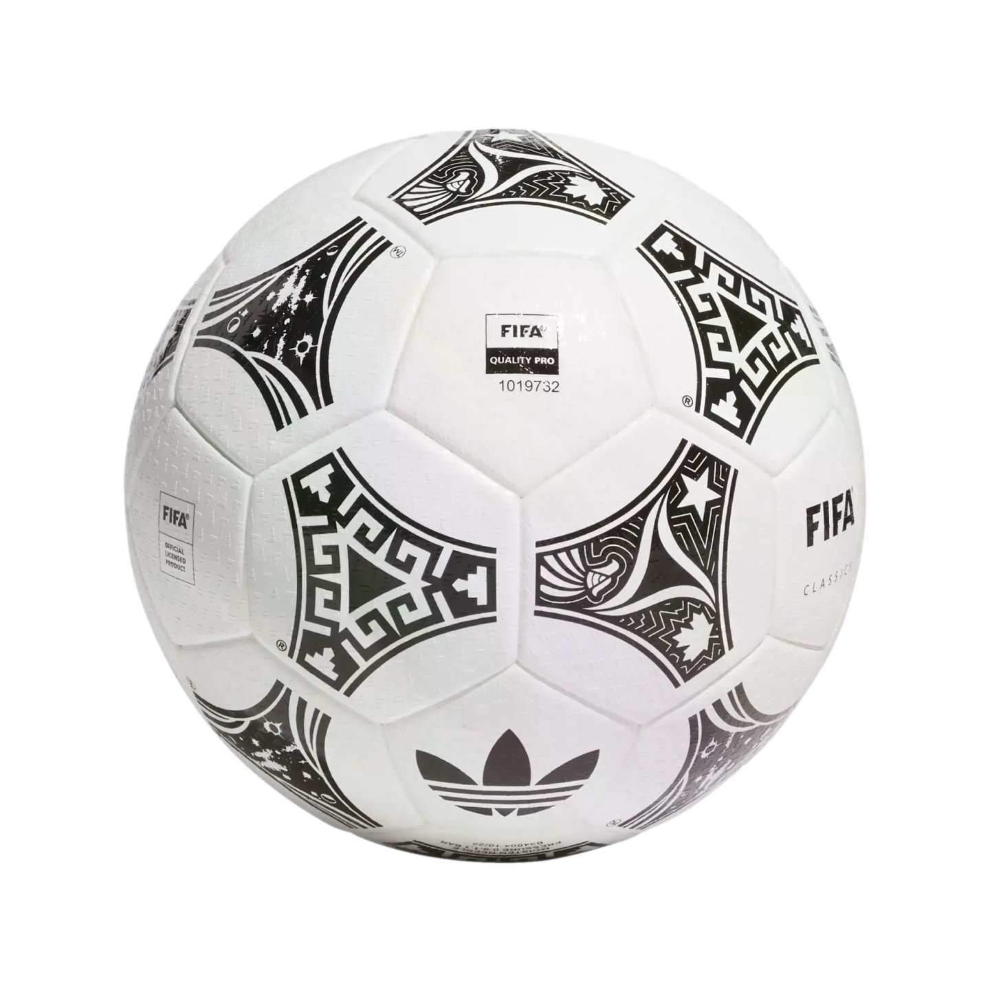A white soccer ball with black triangular patterns featuring eagle and geometric designs. It includes the Adidas trefoil and FIFA logos, centered against a black background.