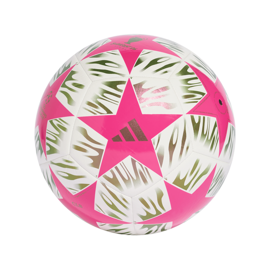 Adidas UEFA Champions League soccer ball with pink star panels and green tiger-stripe patterns on a white background.