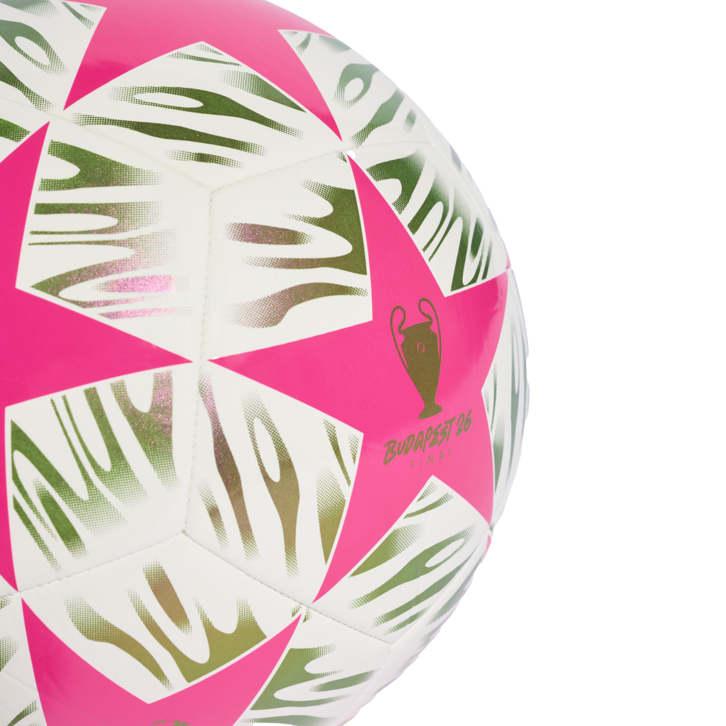 White and pink soccer ball with star panels, featuring green tiger-stripe patterns and a gold 'Budapest 26 Final' Champions League trophy logo.