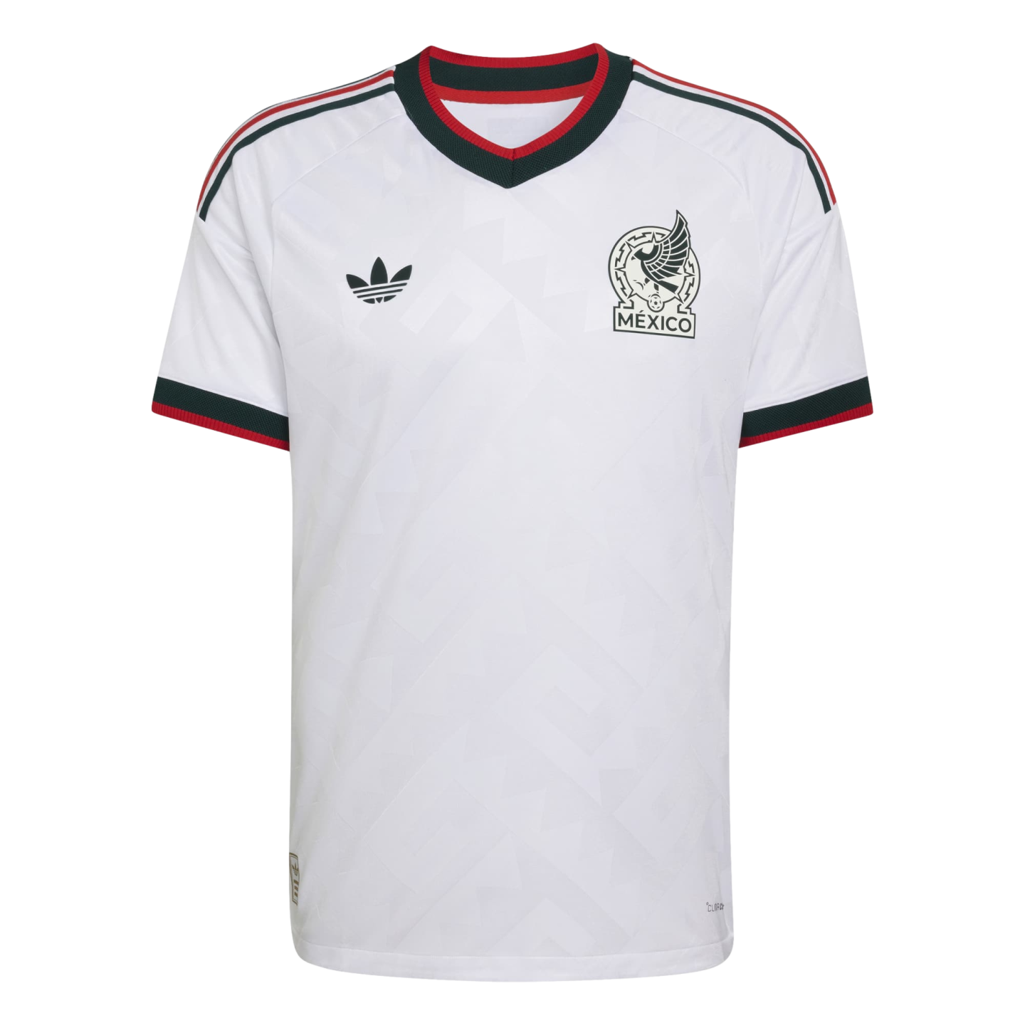 White Mexico national team soccer jersey with red and green collar and cuff trim, featuring the team crest, Adidas logo, and a subtle geometric pattern.
