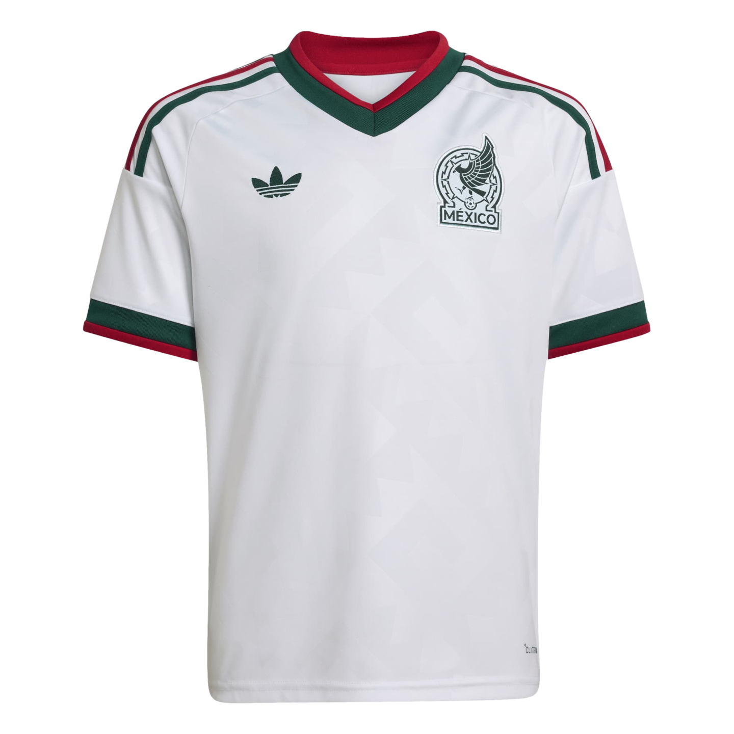 A white Adidas Mexico national team soccer jersey with red and green accents on the v-neck collar, shoulders, and sleeves, featuring the team crest and trefoil logo.