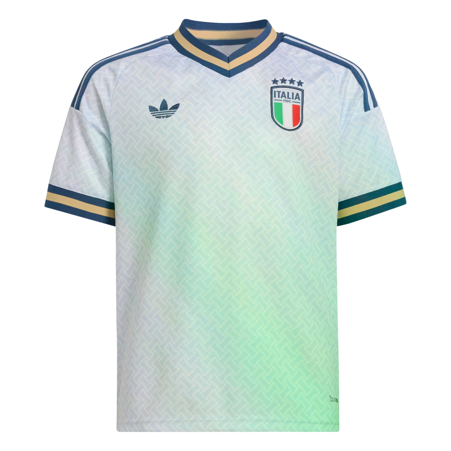 Adidas Italy national team soccer jersey featuring a white and light green gradient pattern, blue and gold trim, and the national crest with four stars.