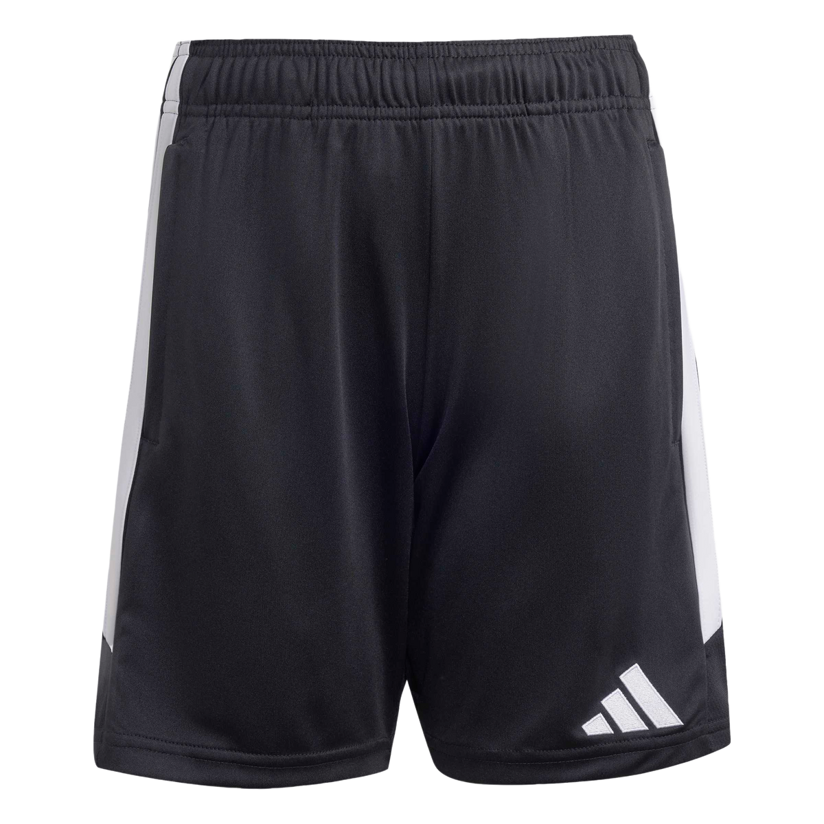 Black Adidas athletic shorts with white side panels and a white logo on the lower left leg.