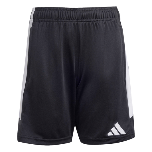 Black Adidas athletic shorts with white side panels and a white logo on the lower left leg.