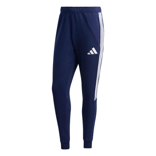 Navy blue Adidas sweatpants with three white side stripes and the white logo on the thigh. Features an elastic waistband and ankle cuffs.