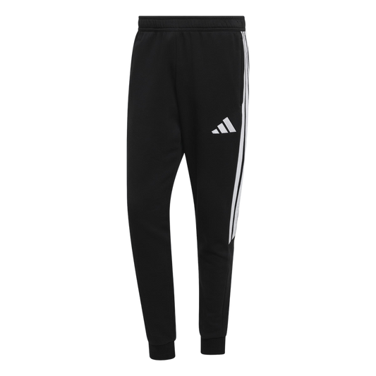 Black Adidas sweatpants with a white logo on the left thigh and white stripes down the side of the right leg.