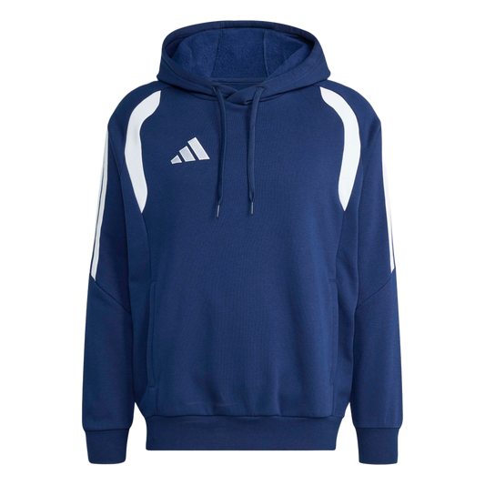 Navy blue Adidas hoodie with white curved shoulder panels, three-stripe sleeve accents, and a white chest logo. It features a drawstring hood and a front pouch pocket.