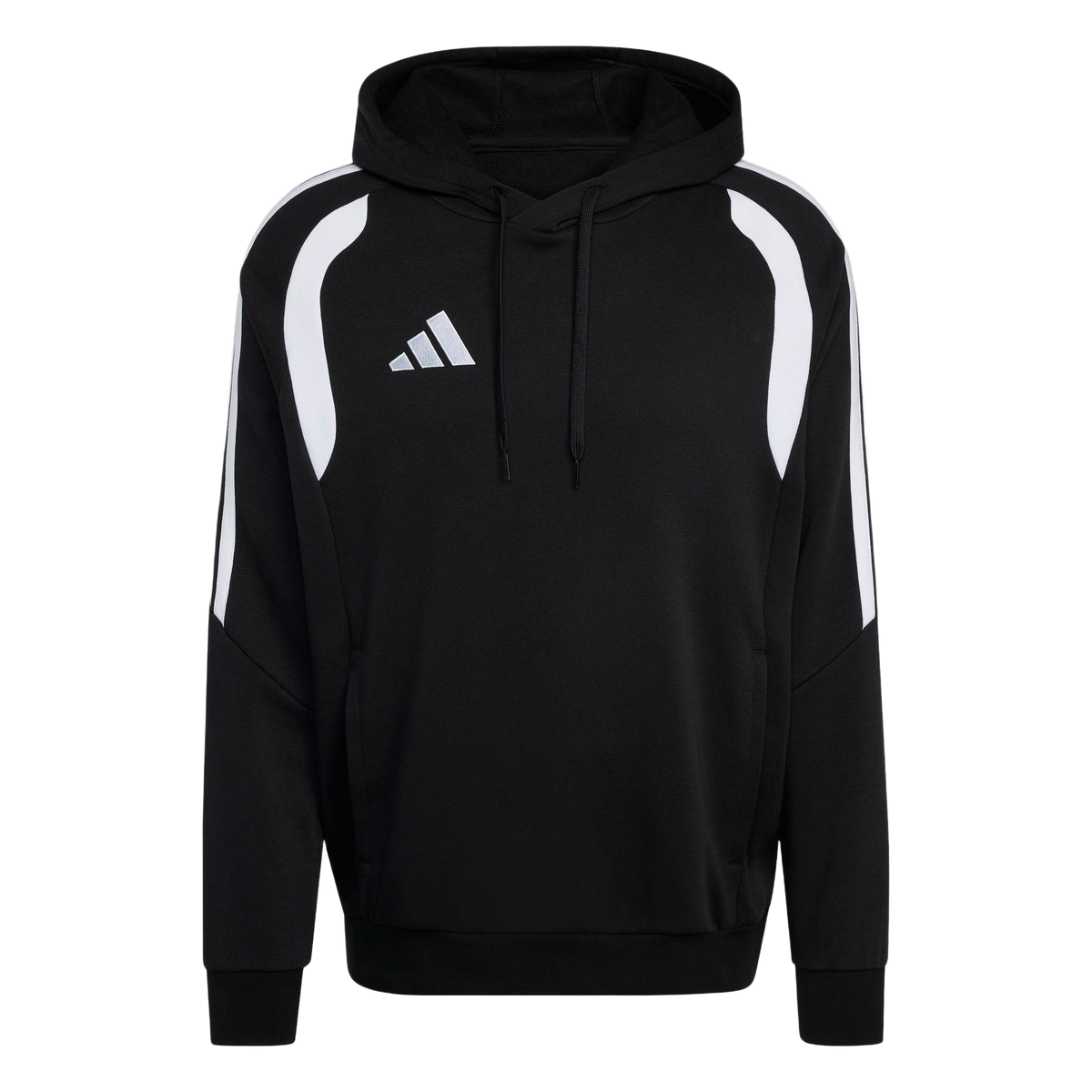 Black Adidas pullover hoodie with white curved shoulder accents, three-stripe sleeves, and a white logo on the chest.