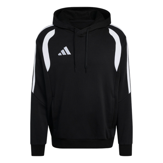 Black Adidas pullover hoodie with white curved shoulder accents, three-stripe sleeves, and a white logo on the chest.