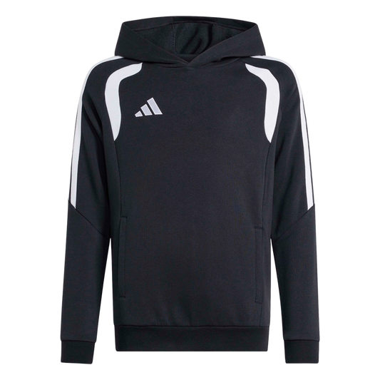 A black Adidas hoodie featuring white curved shoulder accents, stripes on the outer sleeves, and a three-bar logo on the chest.