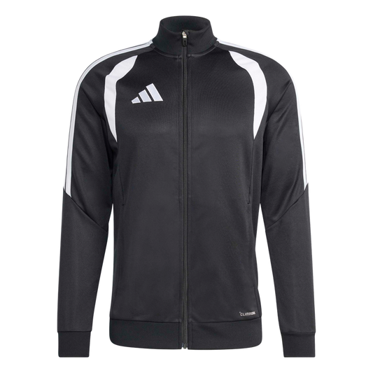A black Adidas track jacket with white shoulder accents, sleeve stripes, and logo. Features a full front zipper and CLIMACOOL branding.