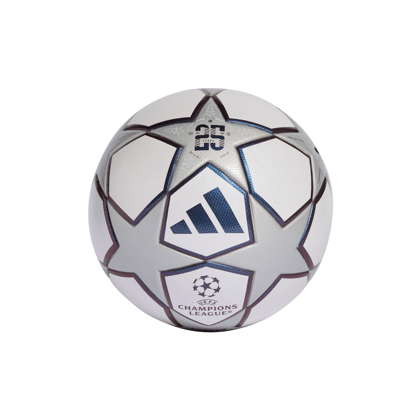 Silver and white Adidas UEFA Champions League soccer ball with iconic star panels and a "25 YEARS" commemorative logo, isolated on a black background.